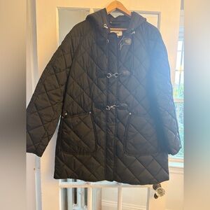DKNY Black Quilted Hooded Toggle Coat - size large